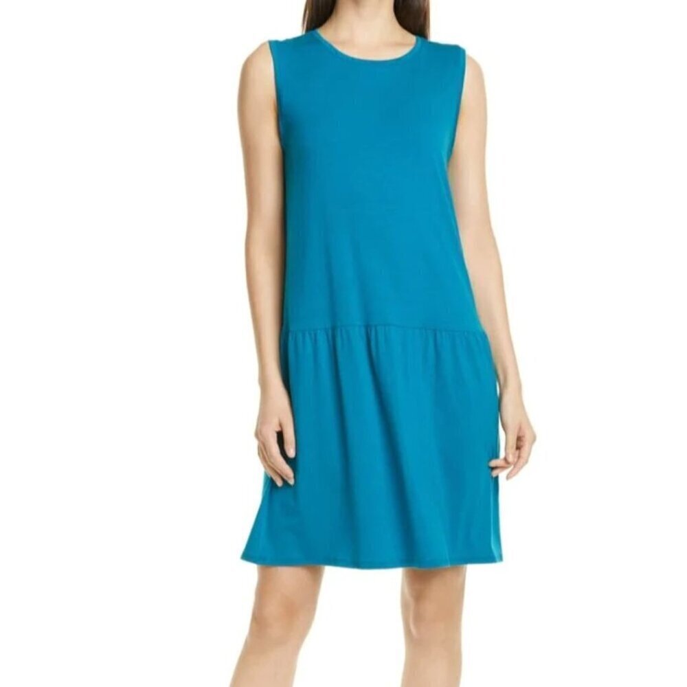 Eileen Fisher A-Line Stretch Dress Large Blue Sleeveless Drop Waist